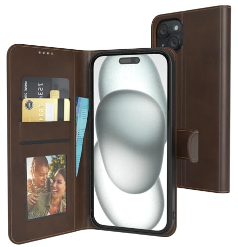 EAZY CASE - Klapphülle für iPhone 15 Plus Hülle klappbar mit Kameraschutz Schutzhülle magnetisch Case Standfunktion Kunstleder Klapptasche Kartenfach Sichtfenster für Foto Premium Handyhülle Braun