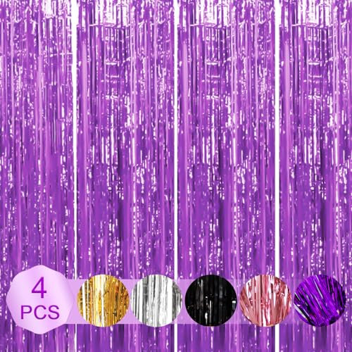 CIGTSICO 4PCS Lametta Vorhänge, 1m x 2m Lila Glitter Backdrop Vorhang Lametta Photo Booth Requisiten Streamer Vorhänge für Geburtstag Braut Hochzeit Bachelorette Party Dekorationen