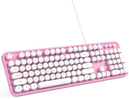 MOWUX Kabelgebundene Computertastatur, Plug and Play, runde Retro-Tastatur, USB-Tastatur für Schreibmaschine, kabelgebundene Tastatur in voller Größe mit faltbaren Halterungen für Laptop und