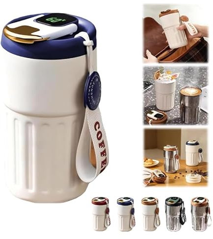 Smart Coffee Thermos Cup with Temperature Display - Intelligent Coffee Mug, Portable Vacuum Flask with Stainless Steel Inner Liner, 6-Hour Retention (Blue & White)