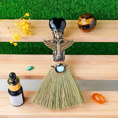 RJINGSHI Escoba mágica de obsidiana con cristal de bruja, reiki, cristal curativo hecho a mano para limpiar dormitorio, oficina, decoración del hogar, regalos