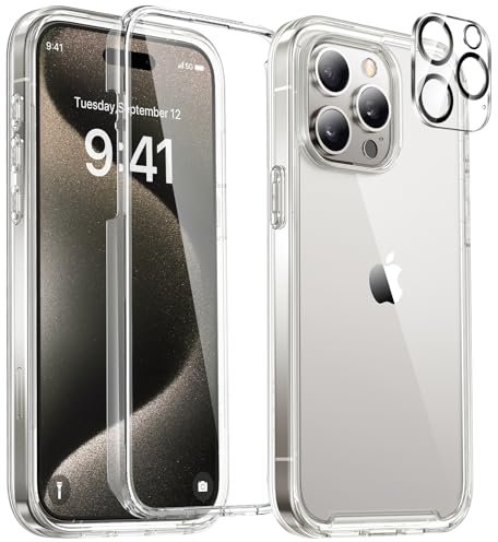 Miracase Glass Case for iPhone 15 Pro Case 6.1-Inch, Full Body Bumper Clear Back Cover and Built-in 9H Tempered Glass Screen Protector + Camera Lens Protector (Clear)
