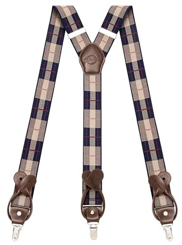Kohentact Hosenträger Herren mit Clip- und Knopfbefestigung, inklusive 6 Knöpfe, 3,5 cm Breite Y-Form für Körpergrößen bis 200 cm Suspenders for Men 1 (Karomuster in Marineblau und Braun)