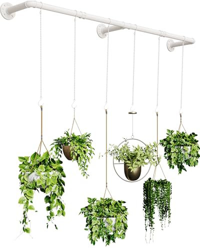 SOFITORG Plant Hanger Indoor, Hanging Planters for Indoor Plants with 6 Hanging Chains, Wall Plant Hanging Rod for Window Ceiling, 65 Inch, Metal/White…