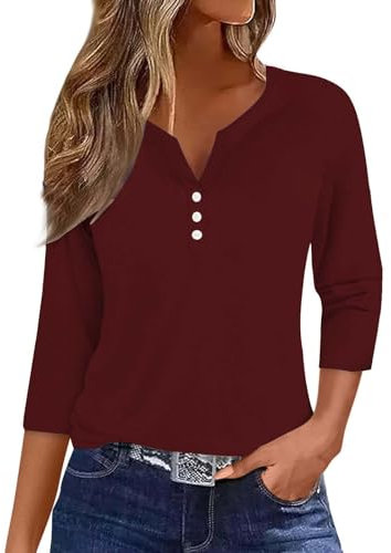 HUIFUAO Chemise Manche Courte Femme Col V Tshirt Coton Manche Longue Tee Shirt Rose Chemise Lin Noir, Z13 Rouge, 3XL