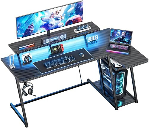 HOMIDEC Gaming Desk with LED Lights, 140CM Computer Desk with Monitor Stand, L Shaped Corner Desk with Headphone Hook and Shelves for Gaming Room, Bedroom, Office, Black