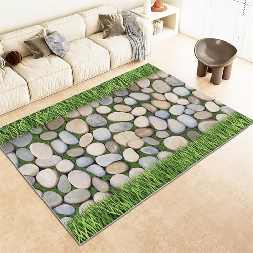 Teppich Wohnzimmer 60 X 90 cm, Kieselsteine Gras Landschaft, Kurzflor Wohnzimmerteppich, Waschbar Rutschfester Fußmatte Carpet Für Schlafzimmer Dekoration, Grün