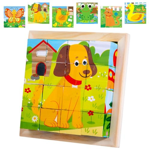 Würfelpuzzle, Würfelpuzzle Holz, Bilderwürfel Holz, 3D Bilderwürfel Puzzlespiele,Würfelpuzzle Puzzlespiele 6 in 1 Tier-Motive für Kinder ab 2 3 4 Jahren,Holzpuzzle Montessori Spielzeug Jungen Mädchen