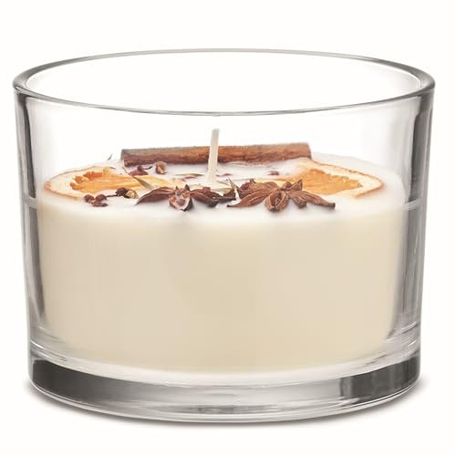 Grosse winterliche Duftkerze Zimt Zitrone wiederverwendbares Glas mit getrockneten Blumen und Früchten 50 Stunden Brenndauer, Raumduft, Wachs auf pflanzlicher Basis, Weihnacht, 300 g