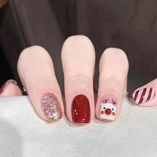 Mgmxbsth 24pcs Square Cute False Nails, Red and White Press on Nails,Stick on Nail,French Tip False Nails, Tip Acrylic Gel Adhesive Nail, Full Cover Fake Nails for Women and Girls(Cute Deer)