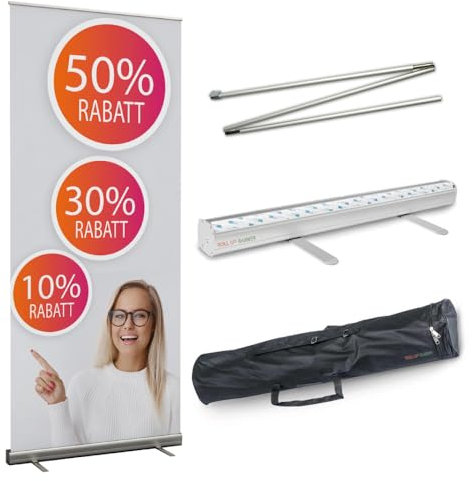 Rollup Banner 85 cm x 200 cm RABATT 2 inkl. Display, Halterung, Boden und Gestaltung