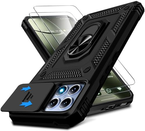 Kameraschutz Handyhülle für Xiaomi 14T 5G Hülle mit Xiaomi 14T Schutzfolie, 360° Magnet Metall Ring Halter 14T 5G Handytasche Case Militär Ständer Schutzhülle für Xiaomi 14T 5G Handy (Schwarz)