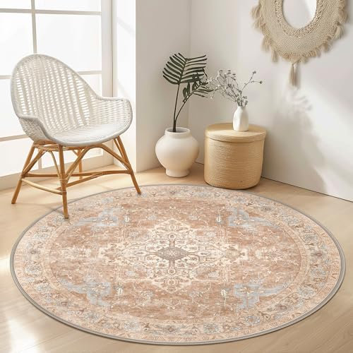 GENIMO Vintage Teppich Rund 160cm, Waschbare Teppiche, Boho Runder Teppiche, rutschfest Carpet, Bedruckter Teppich Schlafzimmer, Kinderzimmer
