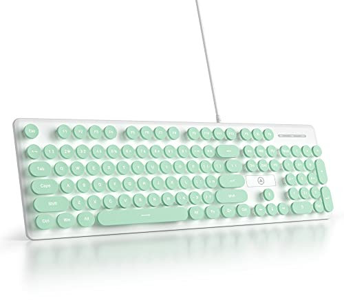 surmen Lindo teclado silencioso con cable verde para máquina de escribir, teclados retroiluminados de PC con teclas redondas retro, tamaño completo, 104 teclas para computadora de oficina (verde)