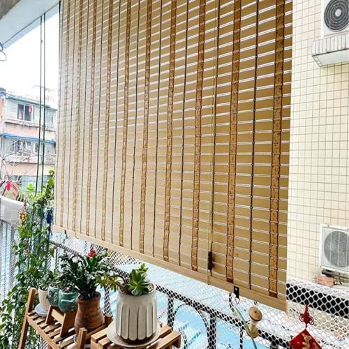 Bambus Rollos Outdoor Bambusrollo Wasserdicht PVC Bambus Jalousie Raffrollo Sonnenschutz Sichtschutz Rollo 50-150cm Breit 90% Verdunkelung Raffrollo Bambus Wetterfest Aussen Anti-UV(W50xH90cm)