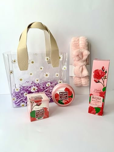 Rose of Bulgaria Skincare Gift Set, Eye Cream, Hand Cream, Hydrating Face Cream with Daisy Tote and Pink Headband