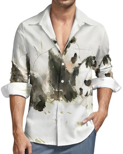 Men's Shirts Button Down, Watercolor Panda Printed Patterned Long Sleeve Party Casual Fancy Men's Shirts, Wrinkle Free Beach Spring Shirt Loose Fit Vacation Shirt White