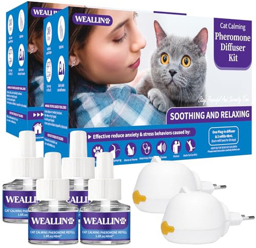 WEALLIN 6 en 1 Difusor de Feromonas para Gatos para Aliviar la Ansiedad y el Estrés- Antiestrés para gatos- Kit de Difusor Calmante para Gatos con Feromonas que incluye 2 Difusor + 4 recargas de 48 ml