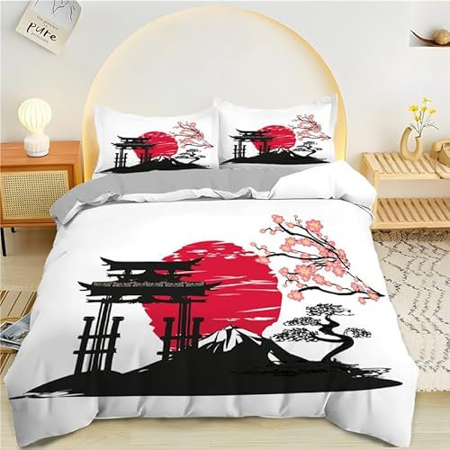 Qiwagu Housse de Couette 220x240 Style Japonais, Parure de Lit 2 Personnes Fleurs de Cerisier du Mont Fuji avec 2 Taies d'oreiller 65x65 cm, Z25