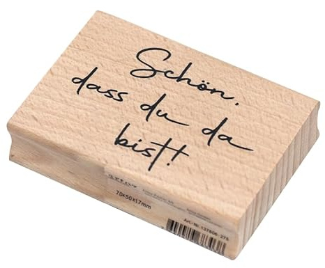 Artoz Stempel – Holzstempel – „Schön, dass du da bist“ – 70 x 50 mm – Motivstempel zum Kartenbasteln für Geburtstage, Einladungen, Grüße
