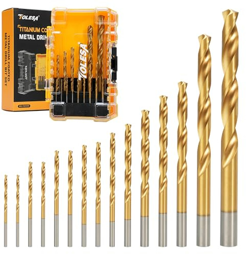 TOLESA HSS Bohrer Set 15tlg, 1,5-10 mm Titan, 135° für Stahl und Aluminium | Titan-Nitrid-Beschichtung, bis zu 2mal höhere Lebensdauer, 135° Split-Point ohne Verlaufen, Rundschaft, Aufbewahrungskoffer