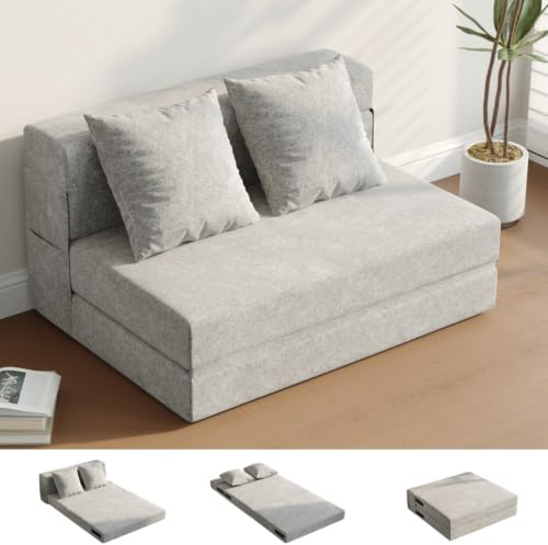 DSNAPE Schlafsessel mit Bettfunktion, 99cm Klappbar Schlafsofa, Hellgrau | 5-in-1 Wandelbarer Klappsofa mit Kissen & Seitentaschen, Bodensofa für Wohnzimmer Schlafzimmer Gästezimmer
