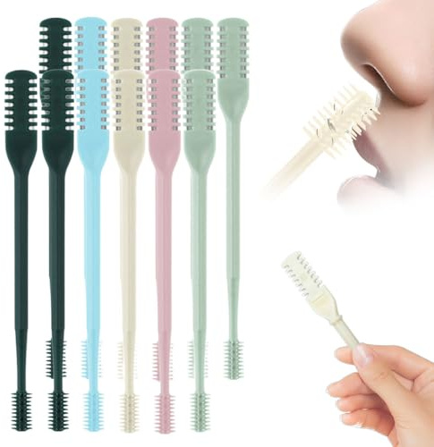 Nasal Hair Cutter, 10PCS 2 in 1 Double Sided Nose Hair Knife with Silicone Cleaning Brush for Women Men, 360° Rotating Manual Nose Hairs Trimmer, Portable Hair Remover for Home, Travel, Cruise (10)
