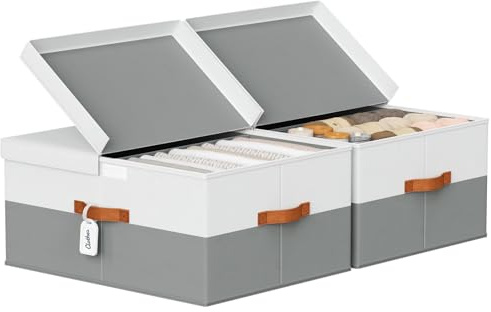 Homsorout Large Fabric Storage Boxes with Double Lids & Divider Board 60L | White and Grey, Foldable Organiser with Handles for Outerwear, Knitwear, Duvet, Towel, Blankets, Ornaments, Quilts, 2 Pack
