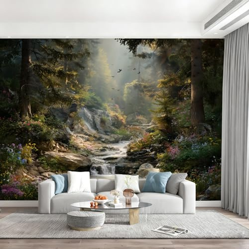 Générique Papier Peint Intissé Jungle Rivière Cascade Paysage Papier Peint Panoramique Plantes Et Fleurs Vertes Tableaux Muraux Tapisserie Photo Décoration Murale Salon Chambre - 390x260cm(L x H)