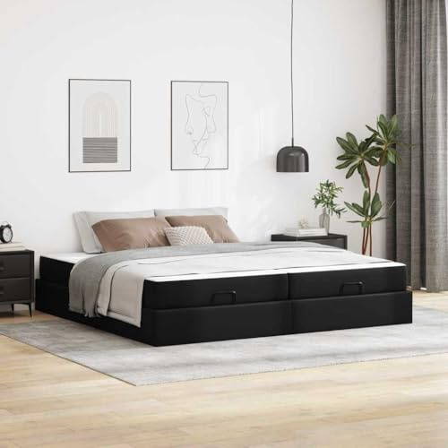Qnhdfrt Doppelbett 200x200 cm Schwarz Kunstleder mit Matratze & Lattenrost Modernes lowboard Design Stauraum Unterbett für Schlafzimmer und Gästezimmer