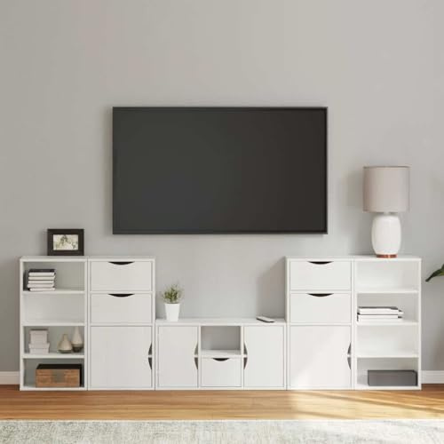 LoogCape ODDA Wohnwand, 5-TLG. TV-Schrank Set, Weiß Massivholz Kiefer, modularer Stauraum, für Wohnzimmer, stabil & langlebig, 79x24x40 cm