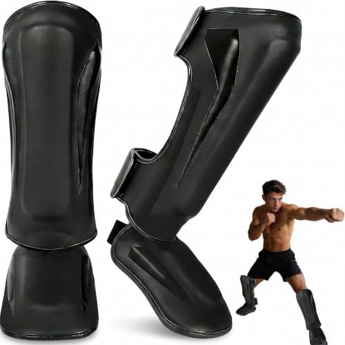 Schienbeinschoner Kickboxen Muay Thai MMA verstellbar Beinschützer S | Verstellbare Schienbeinschoner aus PU-Leder mit EVA für Kickboxen, MMA und Muay Thai, Schwarz S, Für Männer und Frauen