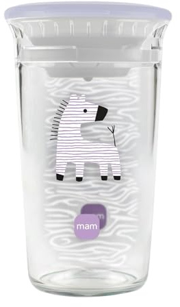MAM Easy to Drink Cup 360° Trinklernbecher 290 ml, ab 8 Monaten, Zebra | Auslaufsicherer Silikoneinsatz mit Ventil, edle Glasoptik, leicht zu reinigen, Trinkbecher