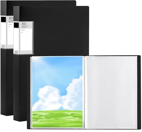 POERMA Lot de 2 Porte-vues A3, 80 Pochettes Classeur de Présentation, Noir | Porte-Vues A3 Présentation Affichage du Livre pour Portfolios, œuvres Art, Peinture, Rapport