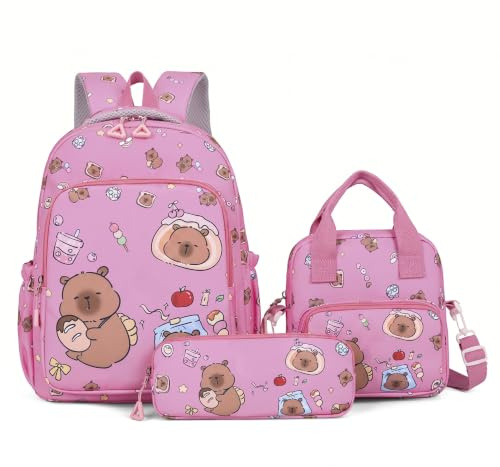 Monwssoe Juego de 3 piezas de mochila y lonchera, mochila linda de dibujos animados para niñas con estuche y bolsa de almuerzo, liviana de nailon para niñas niños, rosa roja