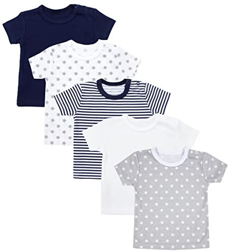 TupTam Baby Jungen Kurzarm T-Shirt mit Aufdruck Unifarben Sterne Streifen 5er Set, Farbe: Mehrfarbig, Größe: 80