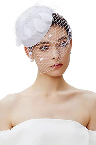 Coucoland Fascinators 1920 Fascinator Hut Damen Feder Blumen Mesh Elegant Hochzeit Fascinator Haarreif Cocktail Tee Party Accessoires (Weiß)