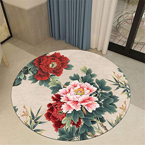 Tapis Rond Lavable en Machine, Morbuy À la Chinoise Pivoine Imprimé Interieur Anti Slip Chambre à Coucher Salon Tapis d'Entrée Absorbant Antidérapant (140cm,Rouge)
