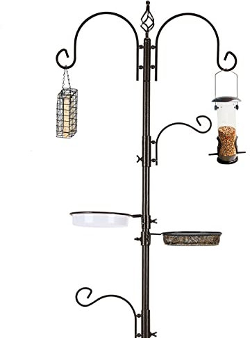 MIXXIDEA Bird Feeder Station Kit - 231 CM Bird Feeders Pole with 5-Prong Base, Multifunctional Birds Feeders Stand for Outdoors, with 4 Hooks & 3 Feeders & 1 Bath Tray, Easy to Use, 1 Set in Black