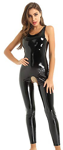 CHICTRY Ganzkörperanzug Damen Sexy Leder Catsuit Ouvert Sexy Ganzkörper Latex Stringbody Dessous High Cut Leotard Offener Schritt Strumpfhose Erotik Schwarz S