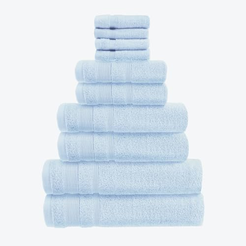Allure Zero Twist 10 Piece Towel Set - 4 Face Cloths, 2 Hand Towels, 2 Bath Towels, 2 Bath Sheets, 100% Egyptian Cotton (Baby Blue)