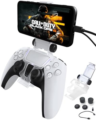 PS5 Controller Phone Mount Clip, Clip Mount per PS5 DualSense Wireless Controller, Supporto iPhone, Android con PS Remote Play con OTG USB tipo C e cavo micro USB, 4 tappi di presa per pollice