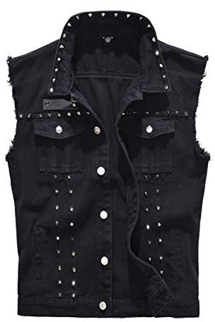Cekaso Herren Denim Weste Ärmellos Jacke Punk Casual Revers Jeans Oberbekleidung Westen mit Nieten, Schwarz, M