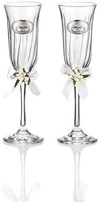 Coppia di Flutes di Valenti. Coppia di Flutes in Cristallo con Applicazione in Argento Laminato, Ideale per Regalo di Nozze. Altezza 22 cm. La referenza è 16506