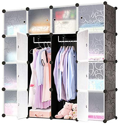 AufuN DIY Kleiderschrank Regalsystem Schuhregal, modularer Kombischrank, platzsparendes Steckregalsystem, Bücherregal Tragbarer Faltschrank mit Türen (16 Würfel, Schwarz)