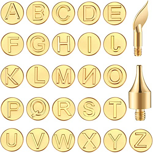Honoson 28 Pcs Wood Burning Letter Tips Stamps Kit Tool, Letter Copper Mold Carving Lowercase Alphabet Branding Personalization Set for Craft DIY Embossing Carving Wood Burning Stencil Kit Hobby Tool