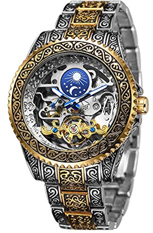 Retro Geschnitzt Skelett Steampunk Automatik Armbanduhr Goldene Silber Herren Uhr mit Metallarmband AM/PM Sonne Mond Geschenke für Manner, Gold