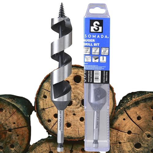 SOMADA 1-1/8-Inch x 8-Inch Auger Drill Bit for Wood, Hex Shank 3/8-Inch One Piece, Ship Auger Long Drill Bit for Soft and Hard Wood, Plastic, Drywall and Composite Materials