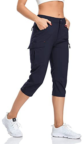 GymBrave Wanderhose Damen 3/4 Trekkinghose Stretch Leiche schnell trocknend Cargo Caprihose Sommer Outdoor UPF 50 mit Reißverschlusstaschen Marineblau M