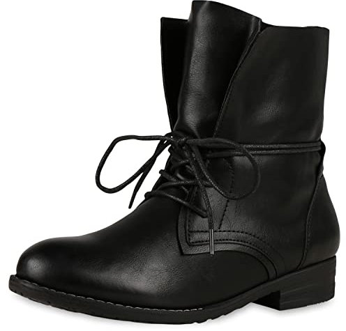 VAN HILL Damen Stiefeletten Schnürstiefeletten Leder-Optik Schuhe Basic Boots Schnürer Freizeitschuhe 144278 Schwarz 41